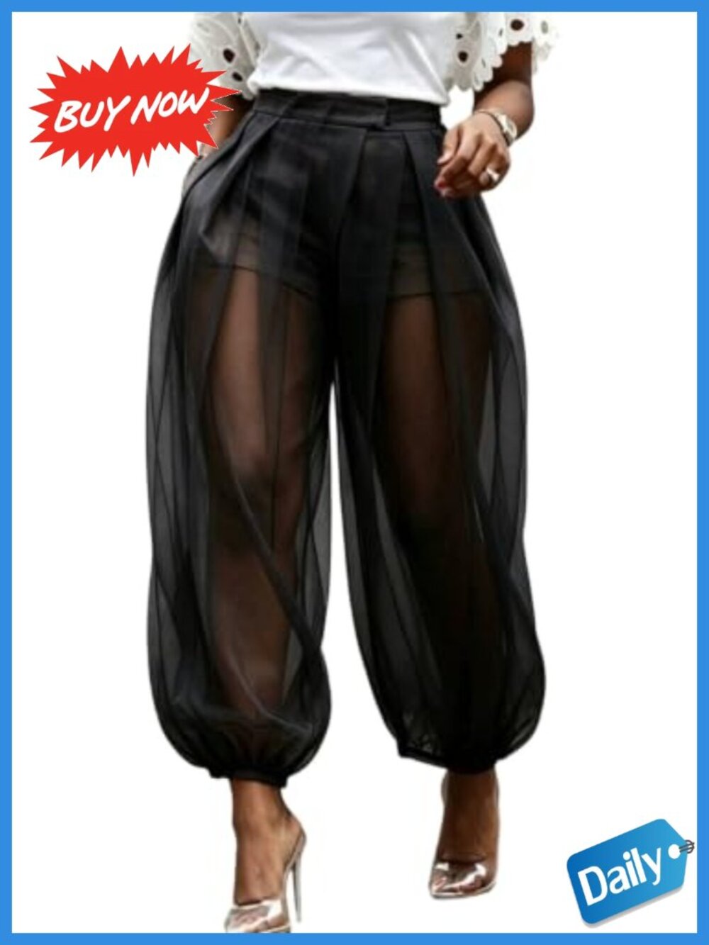 Women Wide Leg Barrel Pants Mesh Pleated Balloon Chiffon Trousers